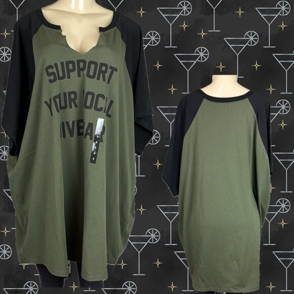 Torrid +5 Green Split Neck Support Your Local Dive Bar Statement Half Sleeve Tee - Picture 1 of 7